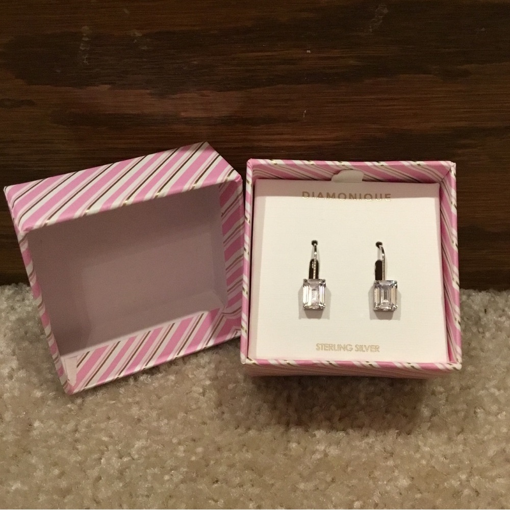 Diamonique Rectangular Dangle Sterling Silver Earrings